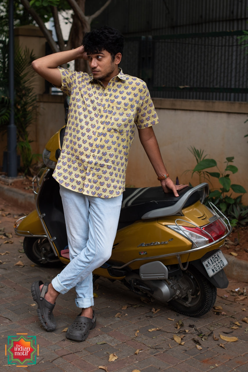 AGUIAR HANDBLOCK PRINTED COTTON SHIRT BLUE