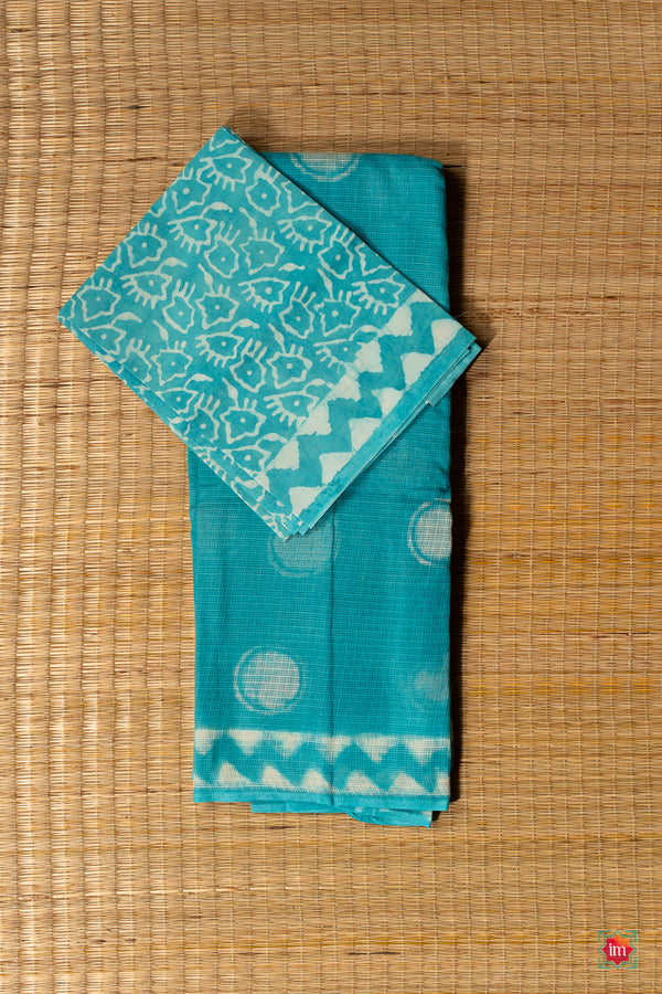 Turquoise Blue Bagru Handblock Printed Kota Doria Saree Jhumroo