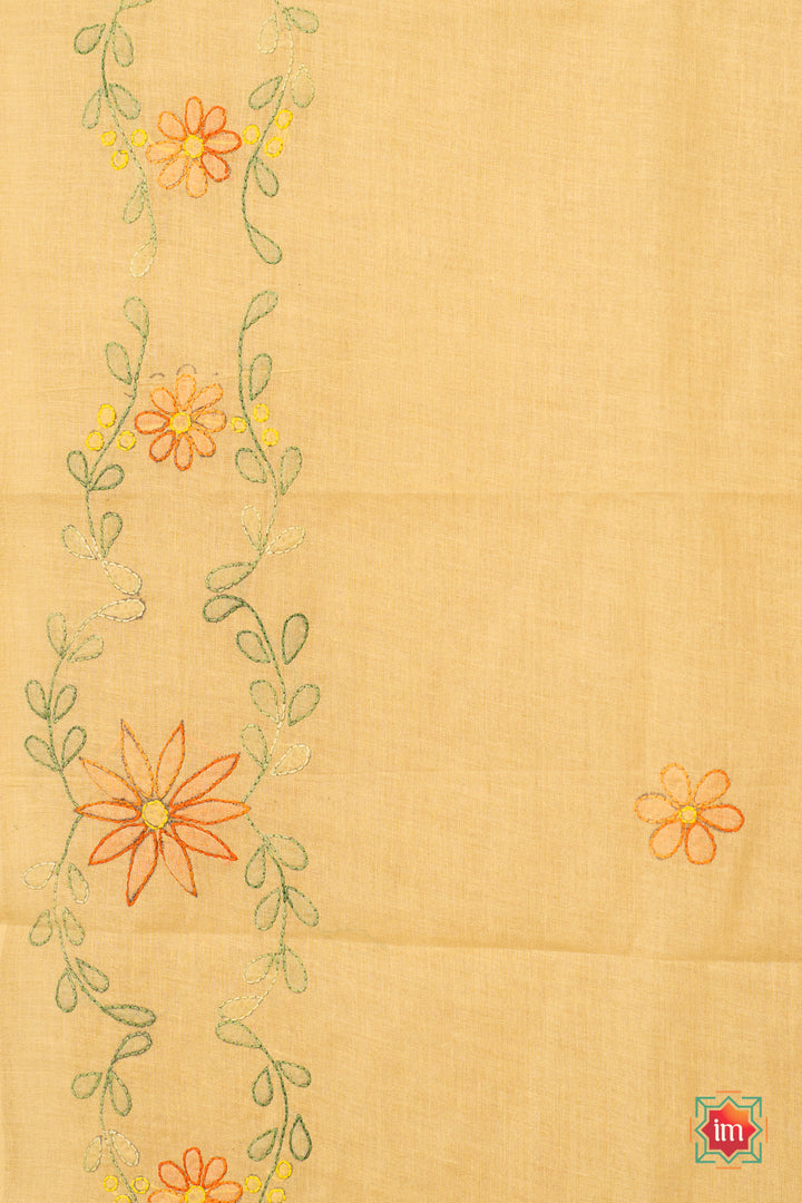 Beige Hand Embroidered Jugalbandhi Tussar Cotton Saree-2 Sand Stone-The-Indian-Motif
