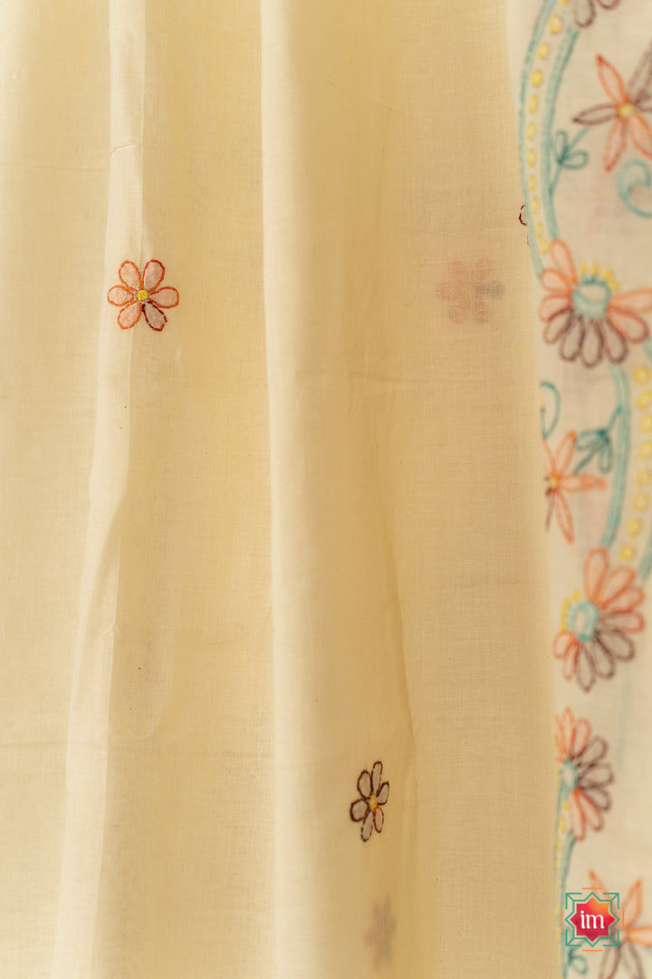 Beige Hand Embroidered Jugalbandhi Tussar Cotton Saree Desert Flower-1-The Indian Motif