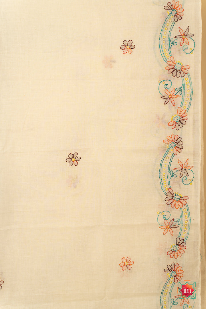 Beige Hand Embroidered Jugalbandhi Tussar Cotton Saree Desert Flower-2-The Indian Motif