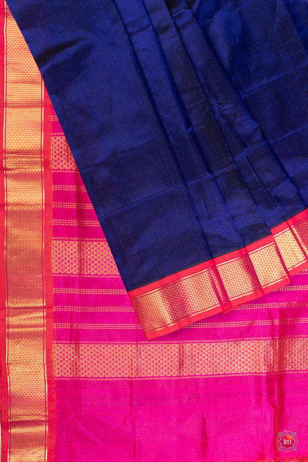 Blue With Pink Silk Kanchi Silk Cotton Saree Tarangini