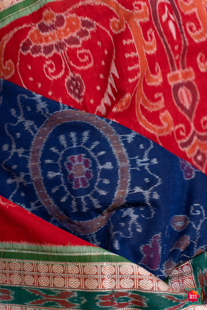 Red With Purple Sambalpur Ikkat Cotton Saree Khumb-3-The Indian Motif
