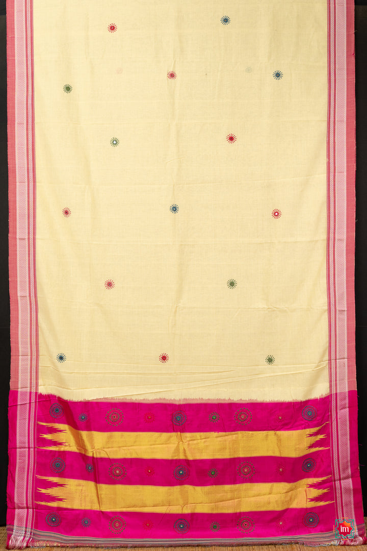 Cream Ilkal Cotton With Lambani Embroidery Jugalbandhi Saree Moonlight-5-The-Indian-Motif