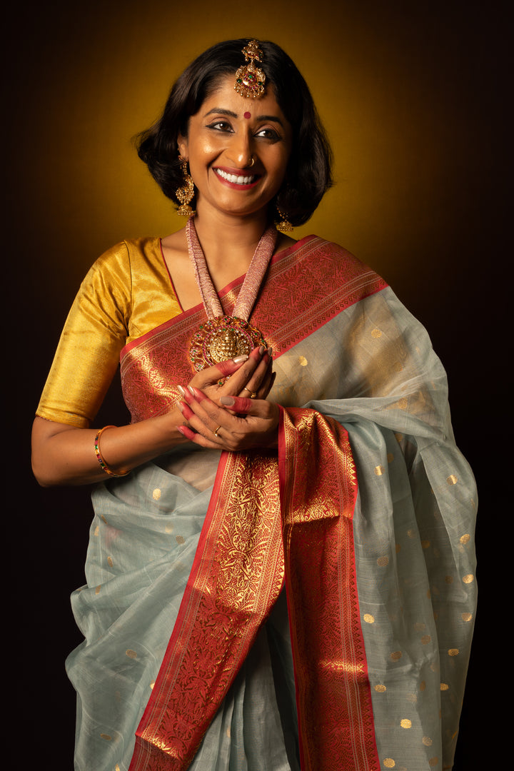 A women is dressed up and is posing by wearing beautiful grey silk saree with matching jewelry.