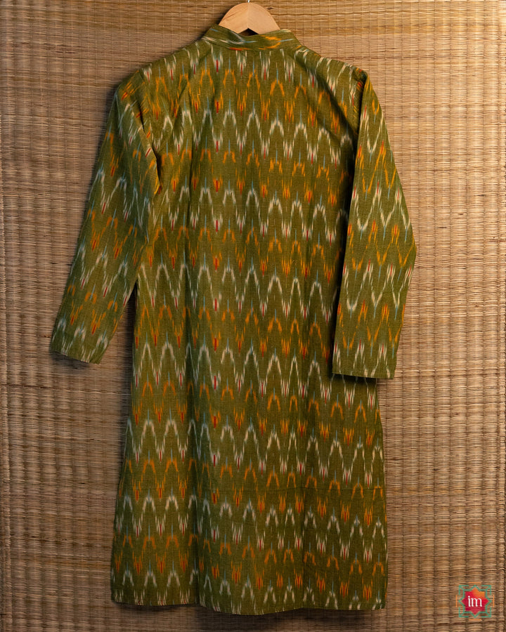 Unisex green kids kurta , where in the detailed print is displayed.