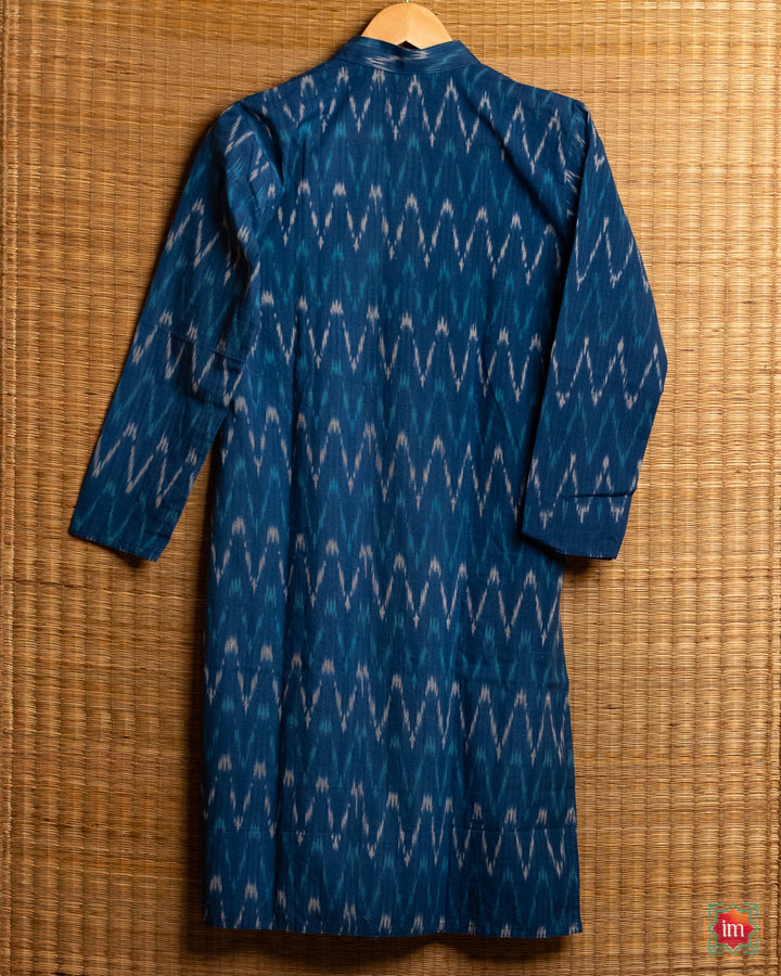 Unisex blue kids kurta , where in the detailed print is displayed.