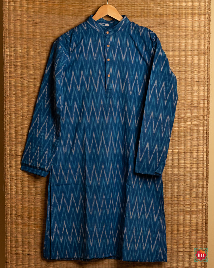 Unisex blue kids kurta , where in the detailed print is displayed.
