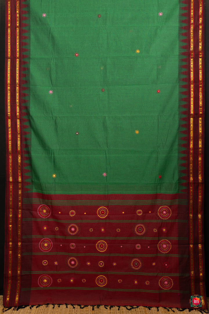 Green Korvai Kanchi Cotton With Lambani Embroidery Jugalbandhi Saree Emerald Love-1-The-Indian-Motif
