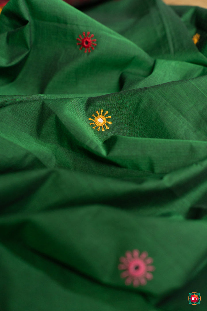 
Green Korvai Kanchi Cotton With Lambani Embroidery Jugalbandhi Saree Emerald Love-3-The-Indian-Motif
