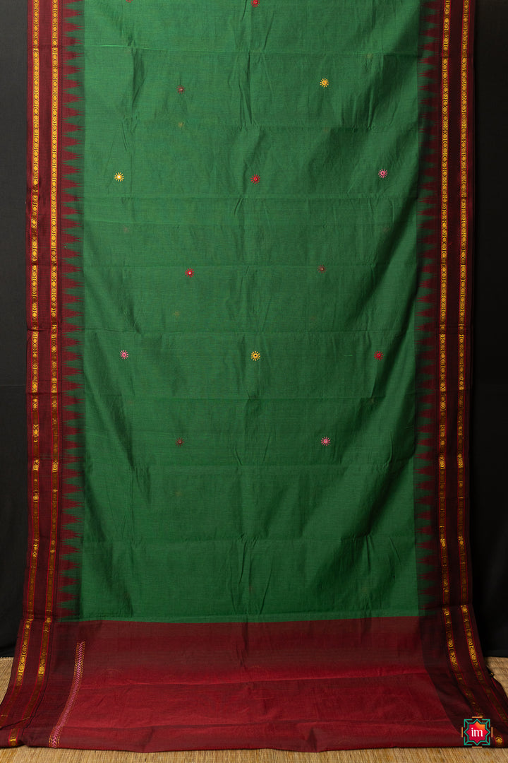 Green Korvai Kanchi Cotton With Lambani Embroidery Jugalbandhi Saree Emerald Love-8-The-Indian-Motif