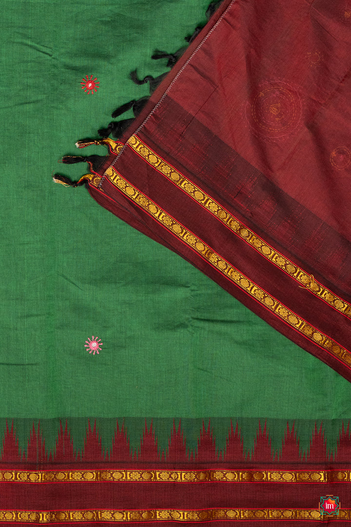 Green Korvai Kanchi Cotton With Lambani Embroidery Jugalbandhi Saree Emerald Love-9-The-Indian-Motif