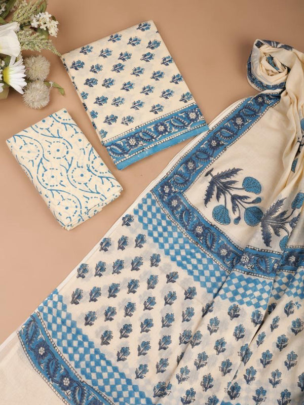 White Blue Floral Bagru Handblock Printed Mul Cotton Unstitched Set