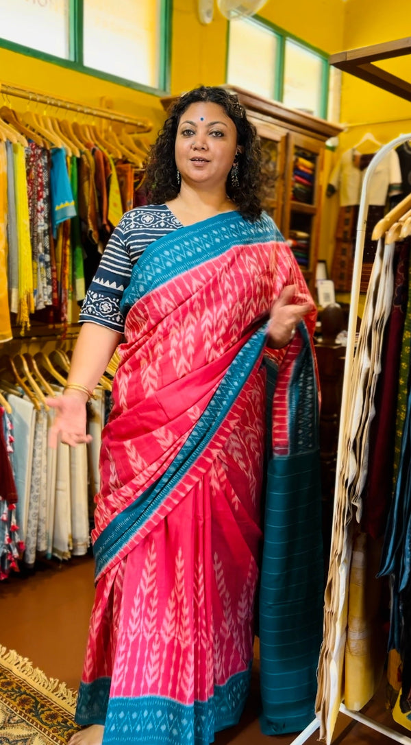 Blue Pink Pochampally Ikkat Cotton Saree Blue Candy