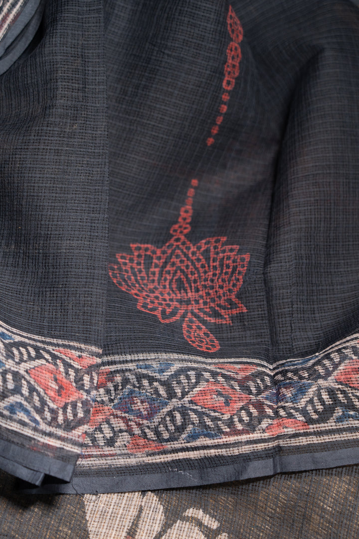 Indigo Butterfly Bagru Handblock Printed Kota Doria Saree Titli-2-The-Indian-Motif
