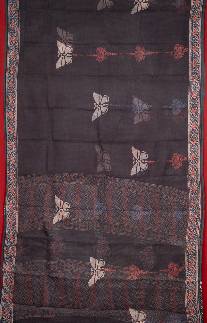 Indigo Butterfly Bagru Handblock Printed Kota Doria Saree Titli-4-The-Indian-Motif
