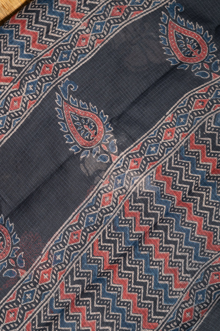 Indigo Butterfly Bagru Handblock Printed Kota Doria Saree Titli-6-The-Indian-Motif
