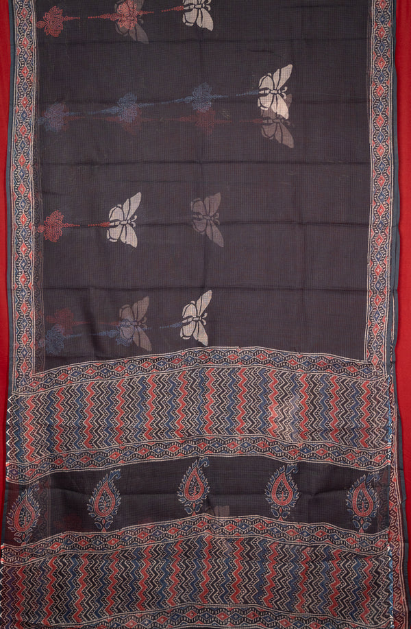 Indigo Butterfly Bagru Handblock Printed Kota Doria Saree Titli-The-Indian-Motif