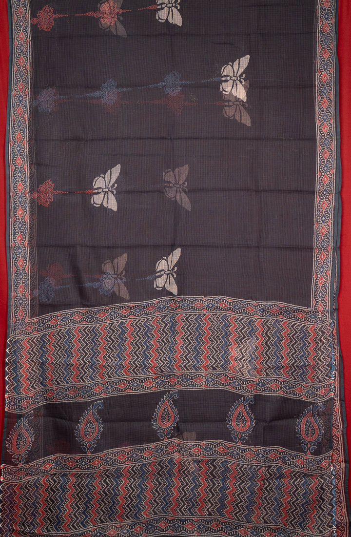 Indigo Butterfly Bagru Handblock Printed Kota Doria Saree Titli-The-Indian-Motif