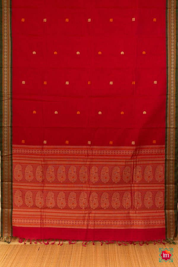 Cherry Red With Green Kanchi Cotton Saree Kokila