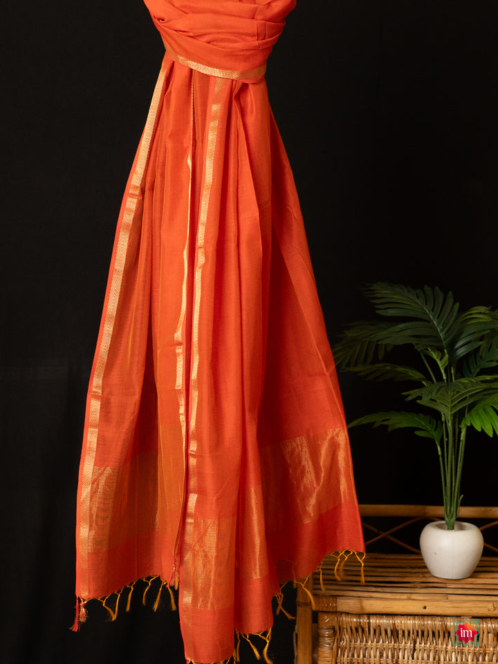 Orange Handloom Maheshwar Silk Cotton Dupatta-2-The Indian Motif