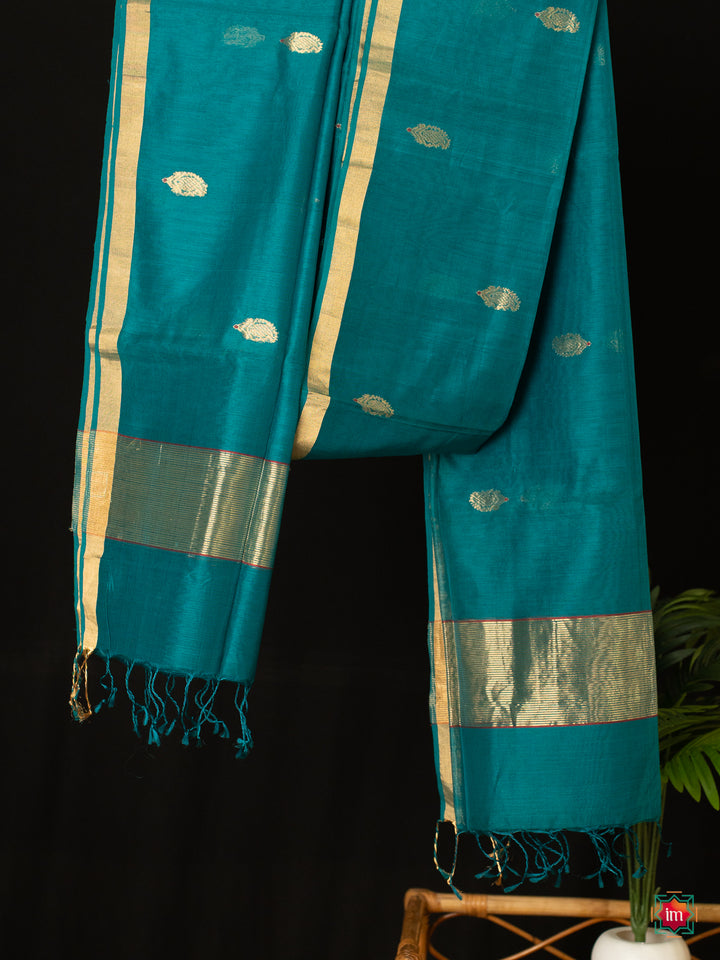 Peacock Green Golden Handloom Chanderi Silk Cotton Dupatta2-The Indian Motif
