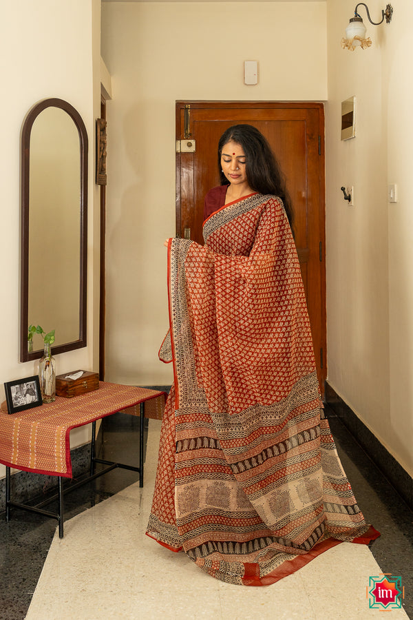 Red with Black Bagru Handblock Printed Kota Doria Saree Naina