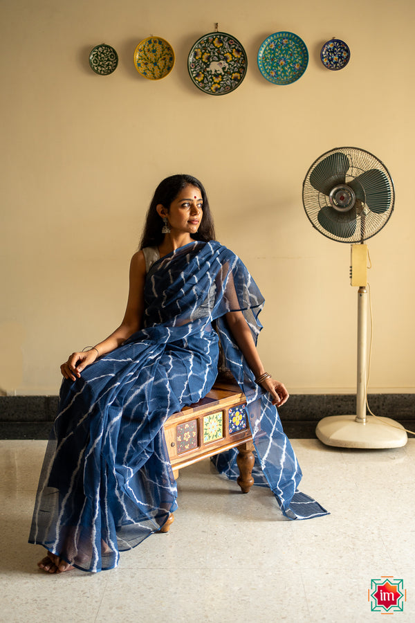 Indigo Leheriya Bagru Handblock Printed Kota Doria Saree