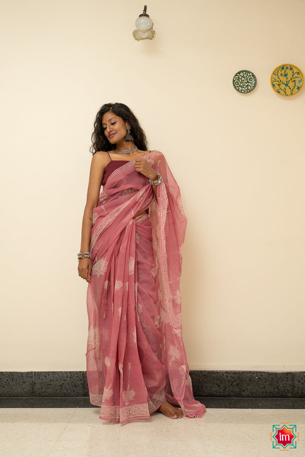 Lotus Pink Floral Bagru Handblock Printed Kota Doria Saree Kamal