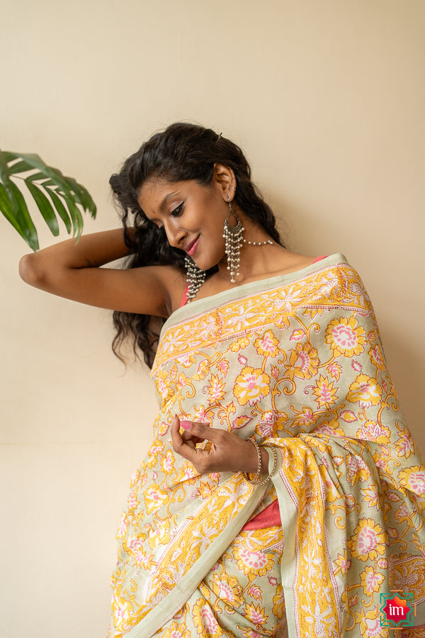 Beige Yellow Floral Bagru Handblock Printed Mul Cotton Saree Bhawra