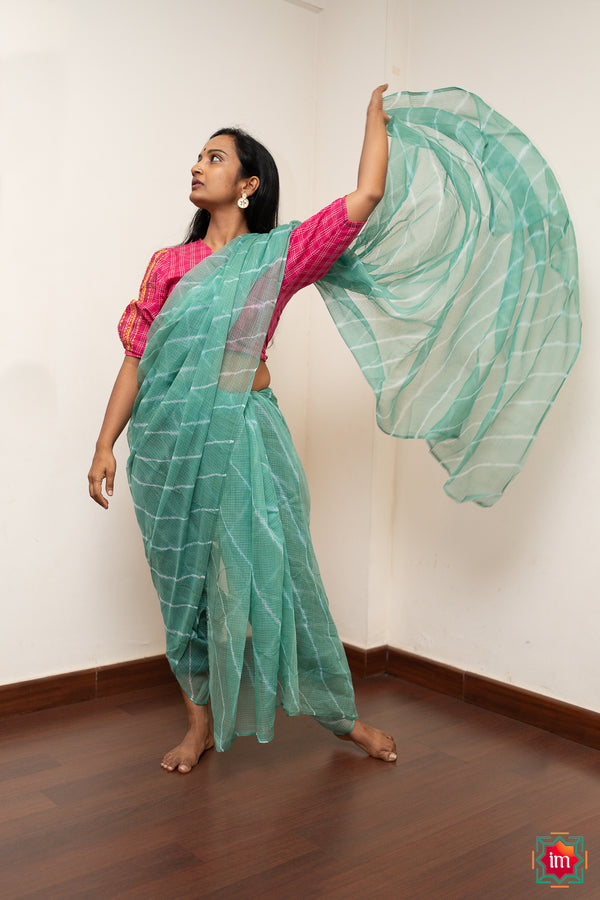 Teal Leheriya Bagru Handblock Printed Kota Doria Saree