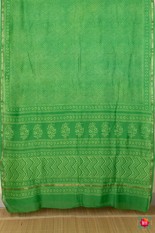 Light Green Handblock Chanderi silk Cotton Saree Hariyali