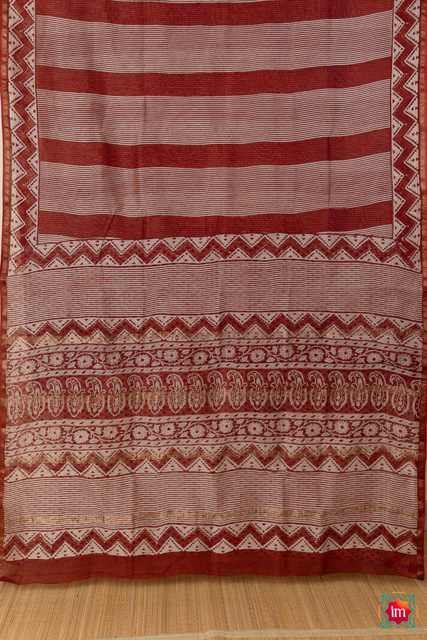 White Red Stripes Bagru Handblock Printed Chanderi Silk Cotton Saree Madder Magic