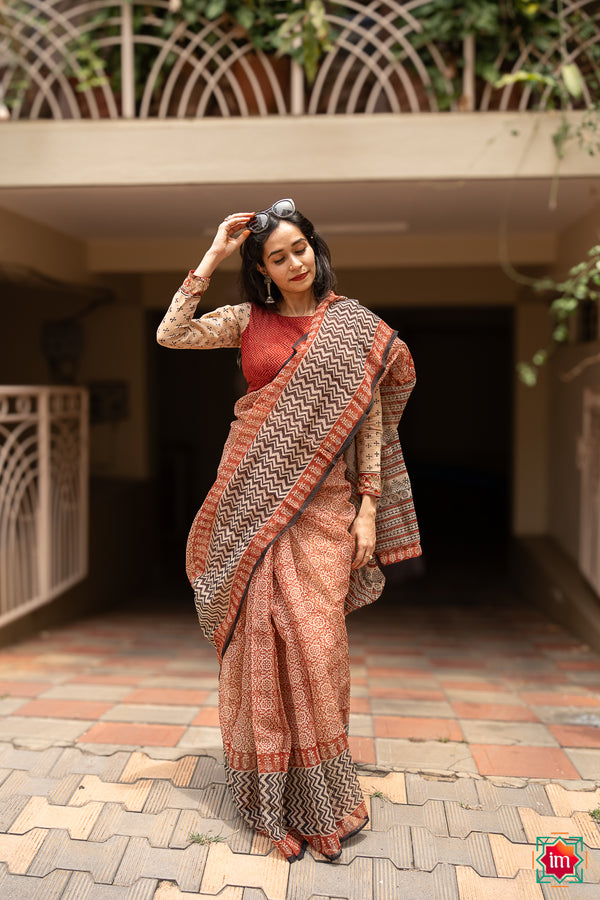 Red Black Bagru Handblock Printed Kota Doria Saree Maati