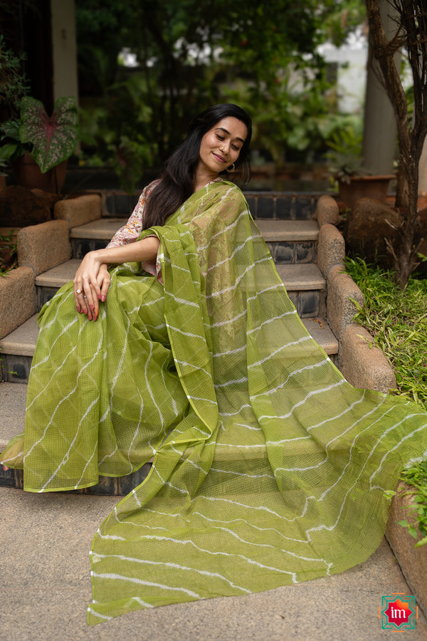 Mint Green Leheriya Bagru Handblock Printed Kota Doria Saree