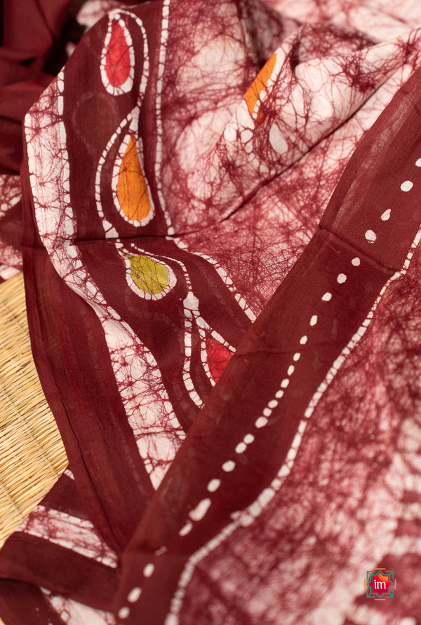 Offwhite With Maroon Batik Cotton Saree Vermillion