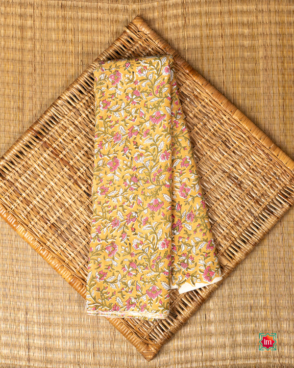 Yellow Pink Bagru Handblock Printed Fabric