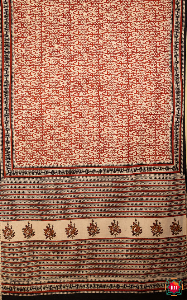 Red White Bagru Handblock Printed Mul Cotton Saree Dil