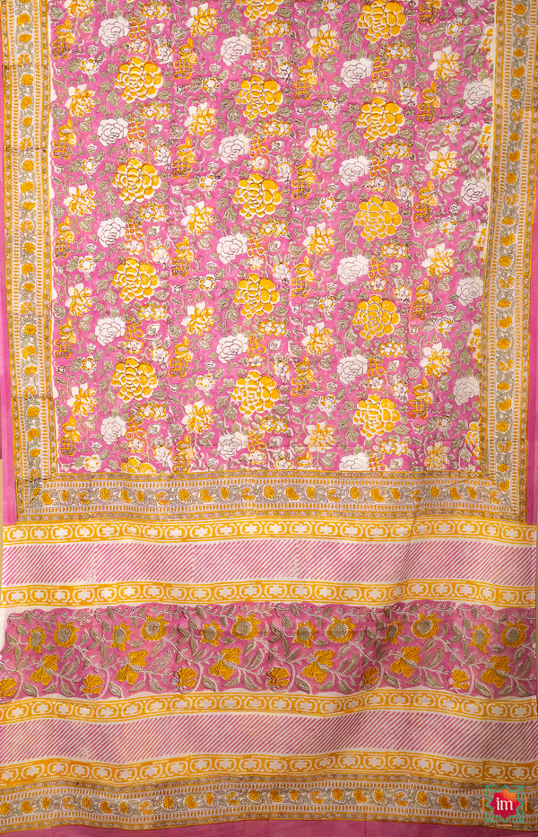 Pink Floral Bagru Handblock Printed Mul Cotton Saree Genda Phool