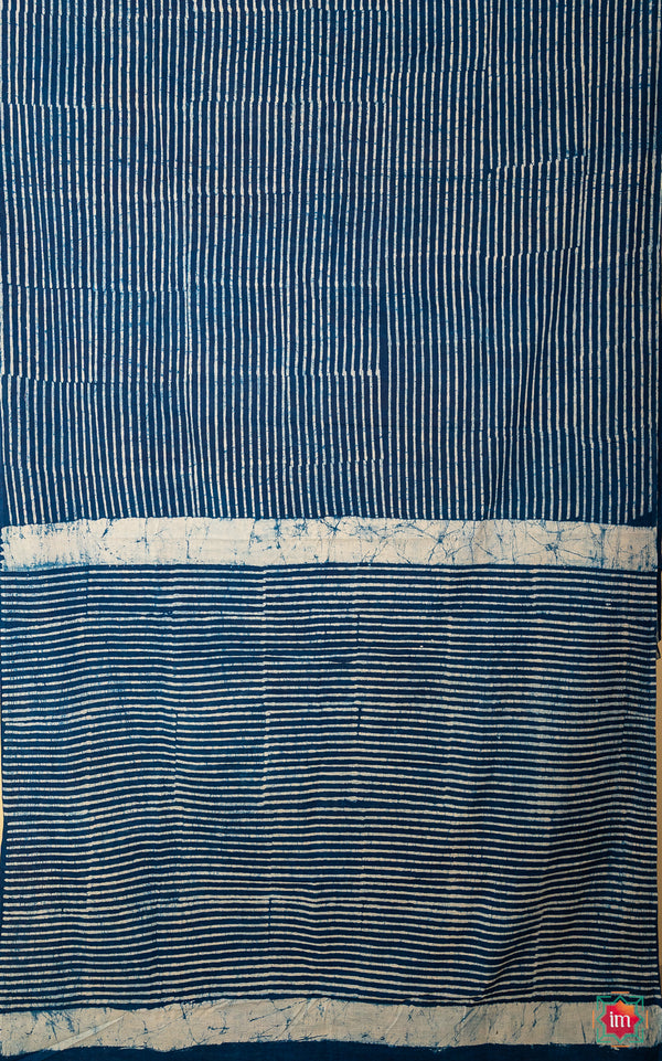 Indigo Vertical Lines Bagru Handblock Printed Mul Cotton Saree Bulbul