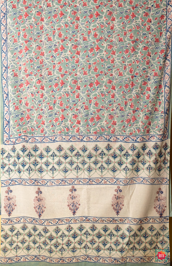 Blue Floral Bagru Handblock Printed Mul Cotton Saree Badal