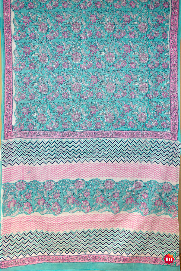 Sky Blue Pink Floral Bagru Handblock Printed Mul Cotton Saree Aasmaan