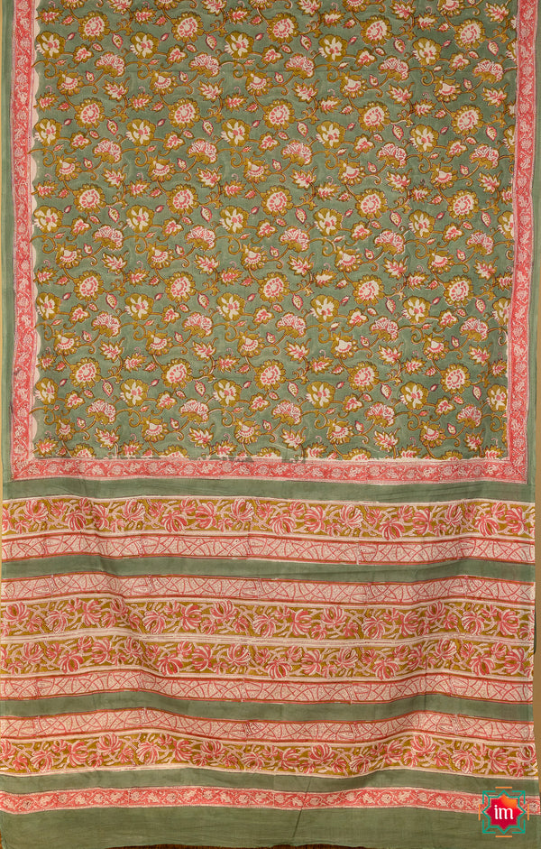 Olive Green Floral Bagru Handblock Printed Mul Cotton Saree Chidiya