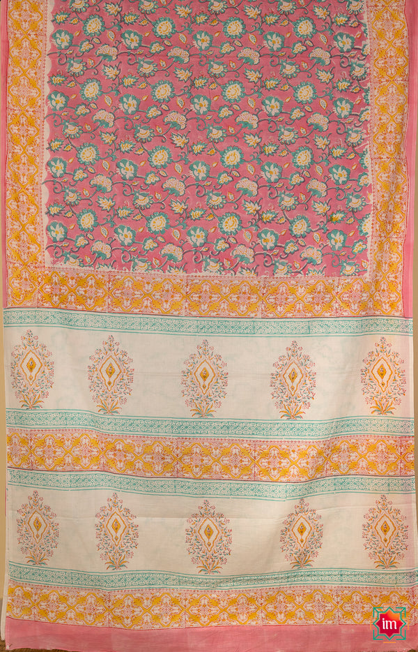 Pink Blue Floral Bagru Handblock Printed Mul Cotton Saree Mithaas