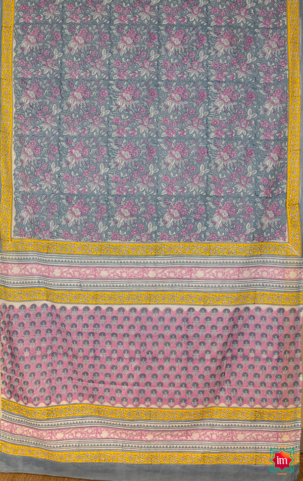 Grey Floral Bagru Handblock Printed Mul Cotton Saree Baadal