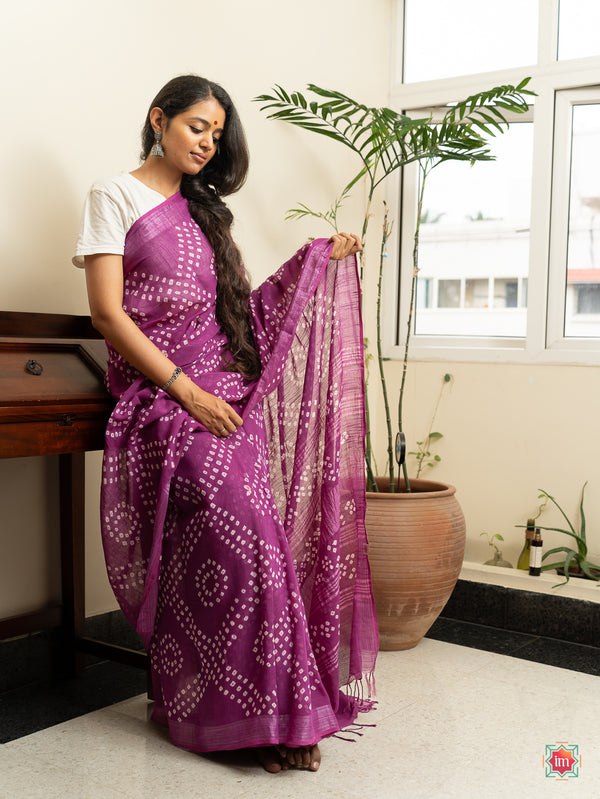 Purple Bandhini Slub Cotton Saree