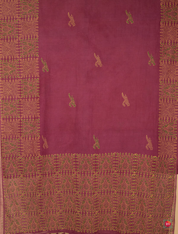 Beet Pink Mul Jugalbandhi Cotton Saree With Handblock Prints Kimaya