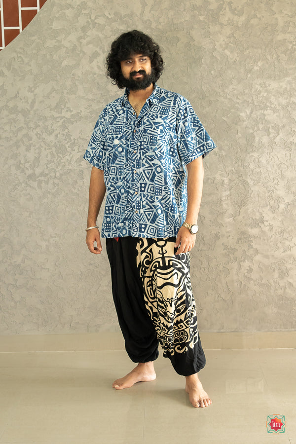 Indigo White  Handblock Printed Cotton Mens Shirt Raasleela