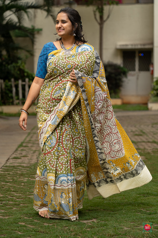 Green Mata Ni Exquisite Pachedi Chanderi Saree Devi