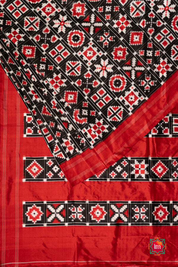 Black Red Telia Rumal Inspired Pochampally Double Ikkat Silk Saree Charminar